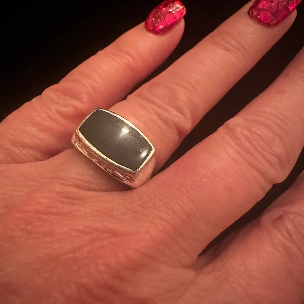 Vintage 925 Sterling Silver Black Onyx Ring Engraved Statement Ring
